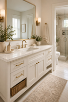 Meuble-lavabo de salle de bain blanc personnalisé style Shaker avec quincaillerie dorée, double vasque et plan de travail en quartz pour usage résidentiel