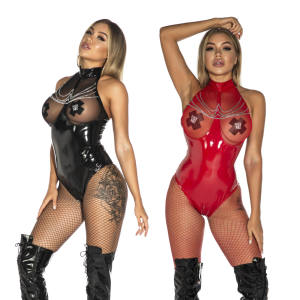 Traje de motociclista sexy de cuero efecto espejo con entrepierna abierta y pecho descubierto para mujer, lencería erótica de malla ajustada de talla grande, diseño hueco ODM - Product Image 1