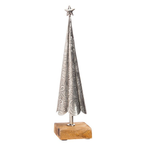 Sculpture d'arbre de Noël moderne en métal doré sur base en bois naturel, décoration de table élégante, ornement festif en aluminium texturé - Product Image 4