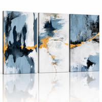 Lot de 3 tableaux abstraits bleus et dorés sur toile tendue, décoration murale bohème neutre pour Airbnb, location de vacances, chambre d'hôtes