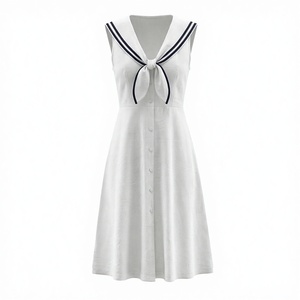 Robe longue décontractée d'été pour femme, col marin, blanche, boutonnée, sans manches, respirante, tissée, taille naturelle - Product Image 3