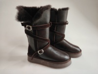 Bottes d'hiver pour femmes en cuir véritable mi-mollet avec col en fourrure de mouton, doublure en fausse fourrure, semelle plateforme pour les jours de neige