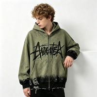 Hoodie Zip Up Streetwear Dirty Spray Pria, Jaket Katun Tebal dengan Cetakan Grafiti Distressed, Oversized, Acid Wash, Grosir