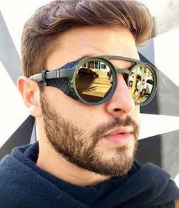 Lunettes de soleil rondes steampunk vintage en cuir pour hommes et femmes avec logo personnalisé, protection latérale et protection UV400 - Product Image 3