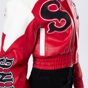 Veste de course en cuir véritable <span class=keywords><strong>rouge</strong></span> de haute qualité personnalisée pour femmes, avec patch brodé, veste de moto courte - Product Image 6
