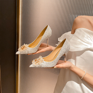 Nuevos Estilos de Zapatos de Tacón Alto con Punta en Pico y Brillantina Blanca con Pedrería para Mujer, Zapatos de Novia Glamurosos - Product Image 1