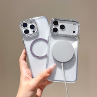 Coque de téléphone magnétique simple et scintillante avec anneau pour iPhone 18 17 Pro Max 16 15 14 13, avec cadre d'appareil photo en strass et protection transparente