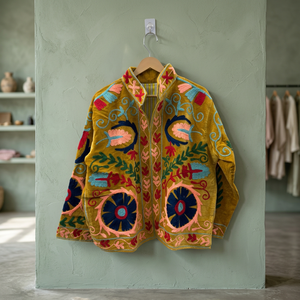 Chaqueta de Terciopelo Bordada para Mujer, Cuello Mandarín, Estampado Floral, Hecha a Mano, Estilo Boho Chic, Abrigo de Moda Primavera, Manga Larga, Largo Regular - Product Image 1