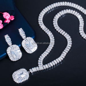 Fashion Bling Gold Plated Square Blue Cubic Zirconia Necklace Drop Earrings Women Party Jewelry Set for Wedding Brides <strong>Costume</strong> - Product Image 5