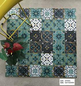 Carreaux muraux en porcelaine sérigraphiés motif floral vert paon, design méditerranéen, 600x600mm, pour salles de bain d'hôtels et villas - Product Image 1