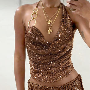 Women's Sexy <b>Sequin</b> Woven V-neck Halter Cami <b>Top</b>-<b>Mesh</b> Backless Sleeveless Summer Party Vest - Product Image 3