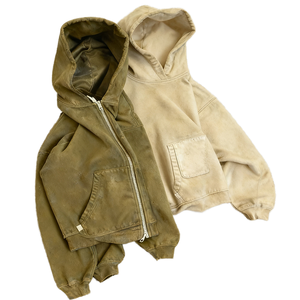 เสื้อฮู้ดไหมพรมทรงโอเวอร์ไซส์สไตล์วินเทจสำหรับผู้ชาย ยี่ห้อ Manufacturer รุ่น Mens  ผ้าฟอกสีแบบ Solid Acid Wash  สำหรับฤดูใบไม้ร่วง พร้อมฮู้ดซิปสองชั้น - Product Image 2