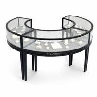 Table de présentation de bijoux circulaire de luxe, vitrine incurvée en verre trempé, logo personnalisé pour l'intérieur d'une bijouterie