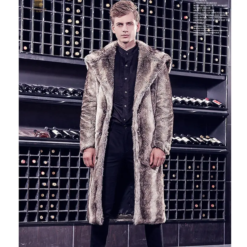 Casaco de pele sintética extra longo personalizado de inverno quente para homens casaco de pele sintética marrom chinchila