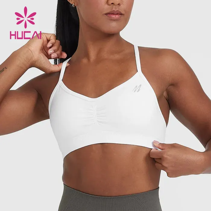 HUCAI OEM soutiens-gorge vintage de sport avec boucle réglable imprimée avec logo personnalisé et col en V pour femmes, yoga, entraînement, fitness