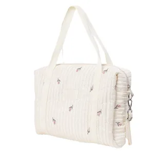 Fashion Mummy Storage Bag Zipper Popular Embroidery Printed Cream Color Mother Cotton Handbag