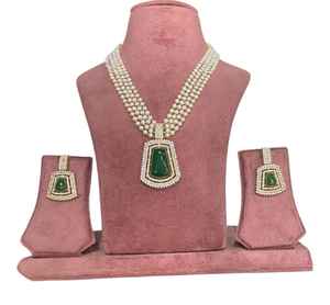 Collar Polki AD con cuentas verdes y blancas con pendientes largos Ropa de fiesta de Boda nupcial India para compromiso Hecho de latón - Product Image 5