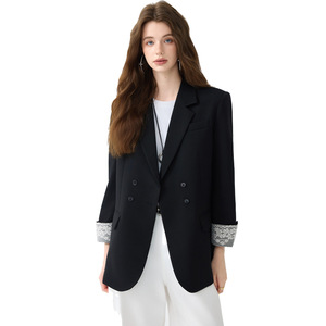 Women's Double Breasted Blazer Gray Lace Cuffs Loose Fit Korean Style Solid Color Polyester Worsted Fabric Spring Autumn Wear - Product Image 5