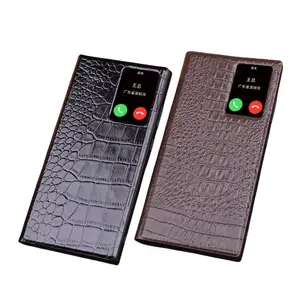 Genuine Leather S View Flip Cover For Samsung Galaxy S23 Ultra S22Ultra Grids Crocodile Texture Window Display IC Smart Case