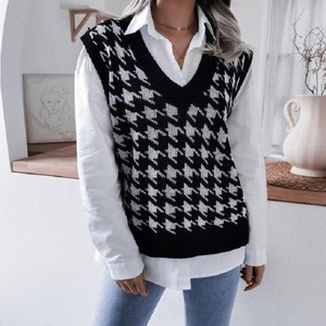 Chaleco de punto para mujer, otoño-invierno, diseño pata de gallo, sin mangas, corte holgado, <span class=keywords><strong>cuello</strong></span> en V, ribete acanalado, borde ancho, cómodo, suave, informal - Product Image 5