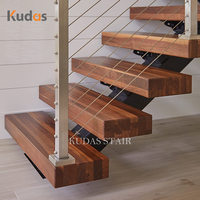 Escalier intérieur moderne en bois de noyer avec marches en bois, monopoutre flottante droite, durable, avec garde-corps à câbles