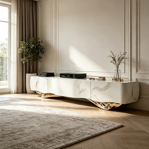 Mueble para <span class=keywords><strong>TV</strong></span> de Fibra de Vidrio con Base Curva Escultural Dorada y Patrón de Mármol Blanco para Espacios de Vida Contemporáneos de Alta Gama - Product Image 5