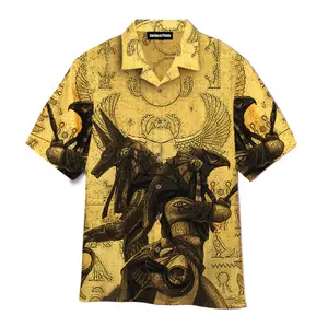 Heren Opstaande Kraag Hawaiian Aloha Shirt Egyptische Idool Anubis Patroon Shirt Met Korte Mouwen Heren Polyester Stof Shirt