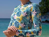 Traje de Baño Enterizo Ajustado para Mujer, Protección Solar, Mangas Largas Estampadas, Cierre y Protección UV, Superventas