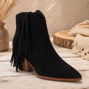 Women's PU Suede Fringe Pointed Toe Western Ankle Boots Autumn/Winter Fashion Mid Heel Comfortable Casual Outdoor Booties - Product Image 5