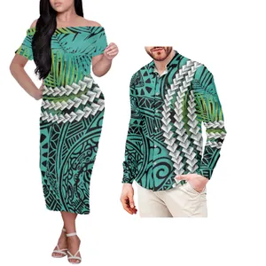 Promotional High Quality Polynesian Samoan Tribal Design Custom Sexy Off-shoulder Dress Matching Men Shirt Couple Suit