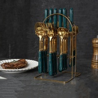 24 pièces manche en céramique de qualité alimentaire ensemble de vaisselle en acier inoxydable cuillères pour la maison et le restaurant support boîte-cadeau couverts en or