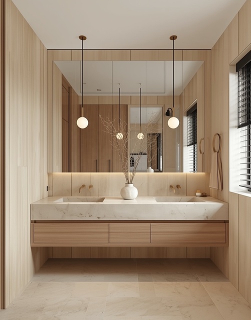 Wall-Mounted Floating Double Sink Bathroom Vanity Natural Stone Countertop Oak Wood Bathroom Cabinet With Backlit Mirror Villa