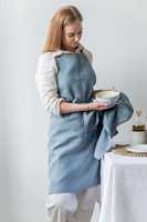 Tablier jetable en lin naturel bleu poussière avec poches, doux, couleur personnalisable, taille unique pour femmes et hommes, usage en restaurant
