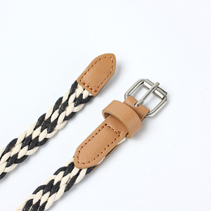 Ceinture en coton et lin pour femme, 80-105 cm, élastique, tissée, avec boucle à ardillon, décontractée, pour étudiante, noire et blanche, tricotée - Product Image 2