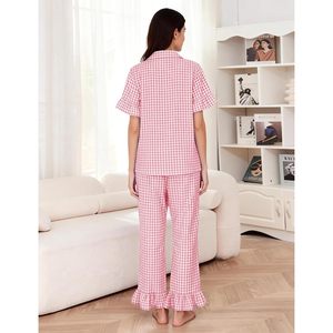 Womens Plaid Pajamas Set 2 Piece Cotton Short Sleeve Button <b>Down</b> Shirt Gingham <b>Pants</b> Ruffled Hem Lounge Wear Sleepwear - Product Image 3