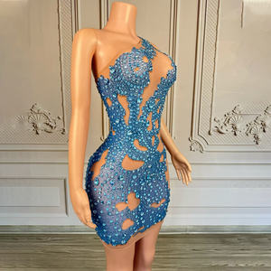 Novance Y5196 Toptan Ürünler Tek Omuzlu Lüks Kokteyl Parti Elbiseleri Kadınlar İçin Parlak Mavi Taşlı Kısa Elbise - Product Image 6