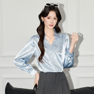 Women's V-neck Satin Shirt Long Sleeve Blue Office Wear Elegant Top Solid Color Polyester Fiber - Product Image 1