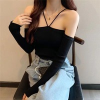 T26059 2026 Pull tricoté à manches longues pour femme, design épaules dénudées, coupe ajustée, col licou, pour le printemps