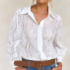 Blus merek tenun lengan panjang untuk wanita, kemeja kasual Depan polos bordir untuk musim semi dan musim panas - Product Image 1