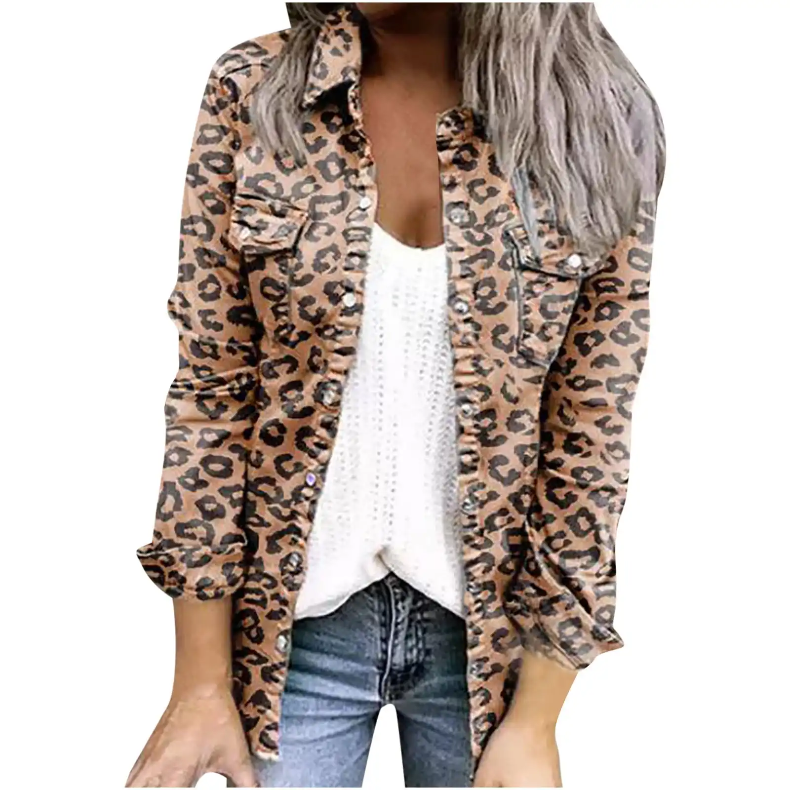 Jaket Wanita Musim Dingin, Lengan Panjang Tanpa Tudung Kasual Pakaian Luar Jaket Leopard Print Kancing Kardigan Blus Mantel