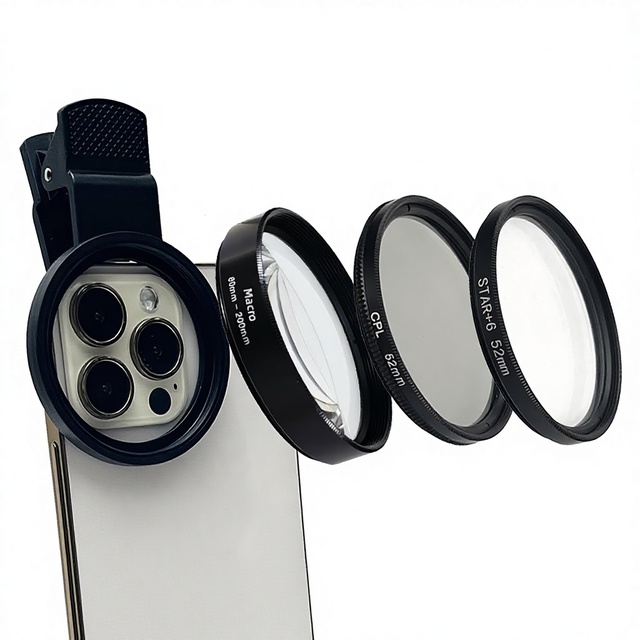52mm Smartphone Use Camera Lens 3-In-1 Set Macro 10X Filter 8 Star Lines CPL Polarizing Filters