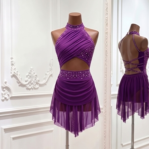Robe de danse lyrique violette à strass, jupe asymétrique en maille, tenue de performance pour concours, costume de danse moderne jazz découpé - Product Image 3