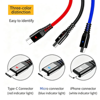 Kabel Pengisi Daya USB 3 in 1 Nylon Braided dengan Indikator LED, Pengisian Cepat 3A, Multi Tipe-C, Universal, Kabel Charger HP, Logo Custom