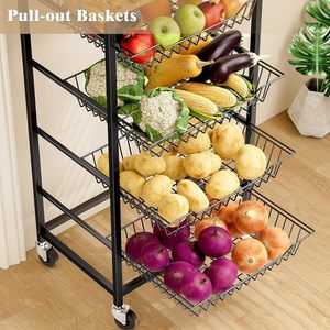 Kitchen Storage Rack Multi Tier Movable Floor <b>Standing</b> Fruit <b>Vegetable</b> Cart With Wheels Carbon Steel Modern Design - Product Image 4