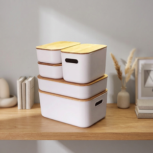 <b>White</b> Plastic Injection-Molded Rectangle Classic Storage <b>Box</b> <b>with</b> Bamboo <b>Lid</b> Over 35L Capacity and Folding Design - Product Image 2
