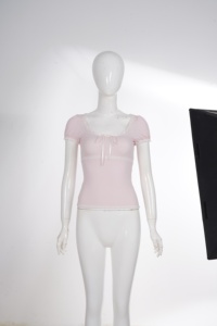 Women's Pink Lace Trim Coquette Top, Ribbon Bow Short Sleeve Slim Fit Y2K Tee, Cute Summer Casual Blouse - Product Image 2