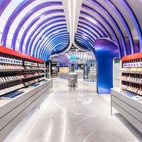 Vitrine de magasin de cosmétiques au look résolument futuriste, dotée d'étagères en bois et de tiroirs aux lignes épurées