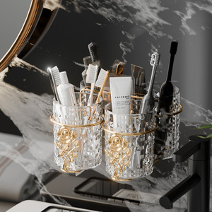 <b>Toothbrush</b> <b>Holder</b> <b>Wall</b> <b>Mounted</b> Suction Cup Transparent With Gold Rose Design For Bathroom - Product Image 1