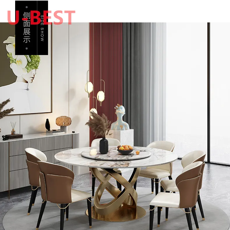 U-BEST moderno sala de estar móveis de luxo 180 cm diâmetro mesa com 8 cadeiras de ferro mármore conjunto de mesa de jantar