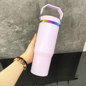 Vaso Térmico de Acero Inoxidable de 30oz con Aislamiento al Vacío, Acabado Mate y Colorido con Efecto Arcoíris, para Grabado Láser, con Pajita Abatible y Asa Superior - Product Image 3
